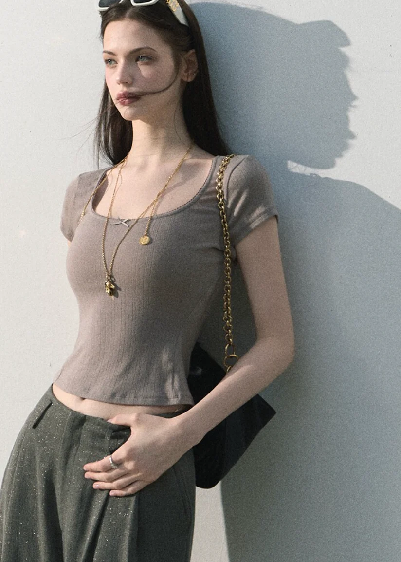 Iced Mint Lace-Trim U-Neck Top - iotean