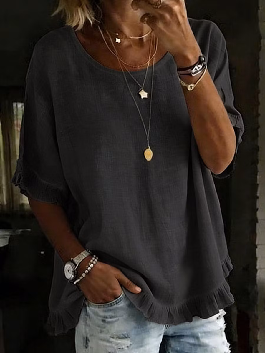 Women's Short-sleeved Round Neck Cotton Linen Solid Color Loose Shirt - iotean