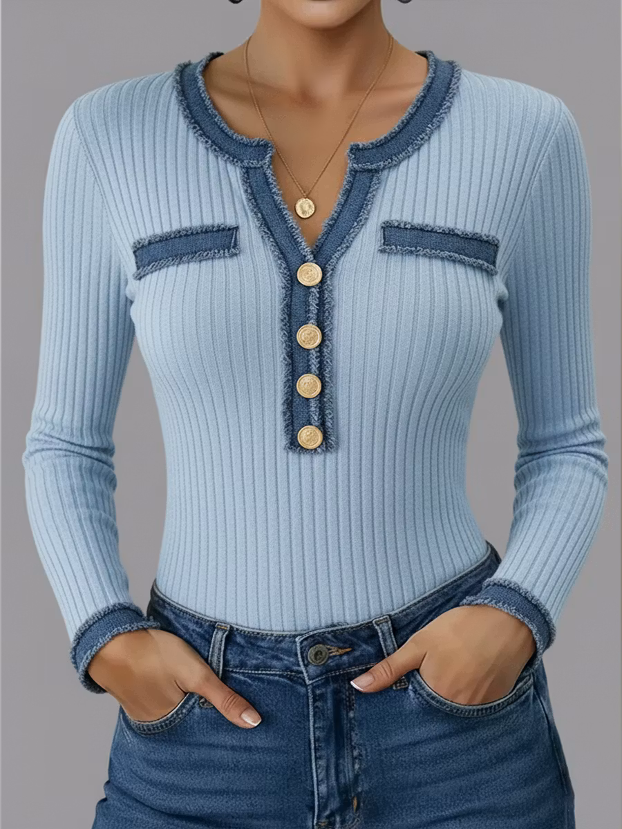Casual Patchwork Denim Webbing Knit Top - iotean