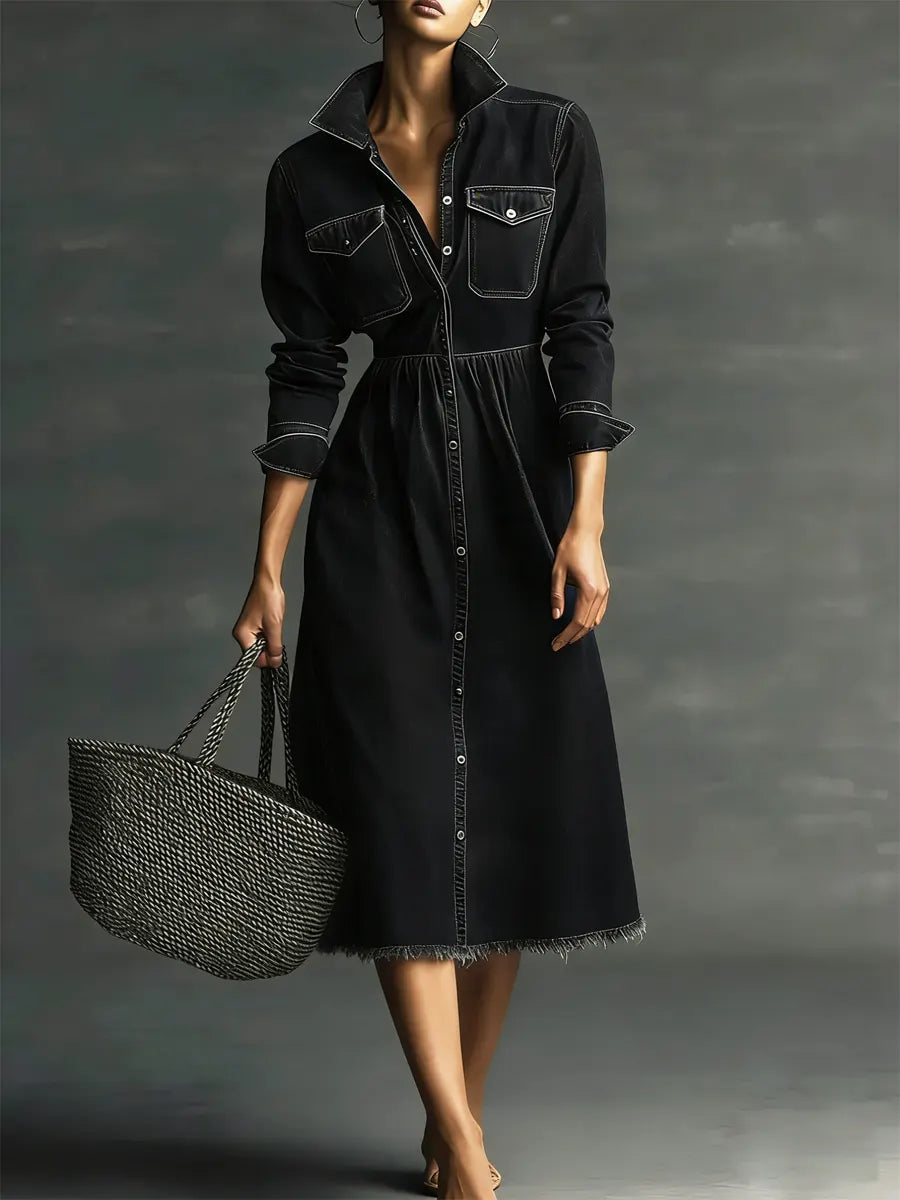 Women's Stylish Art Casual Stand Collar Washed Denim Dress - iotean