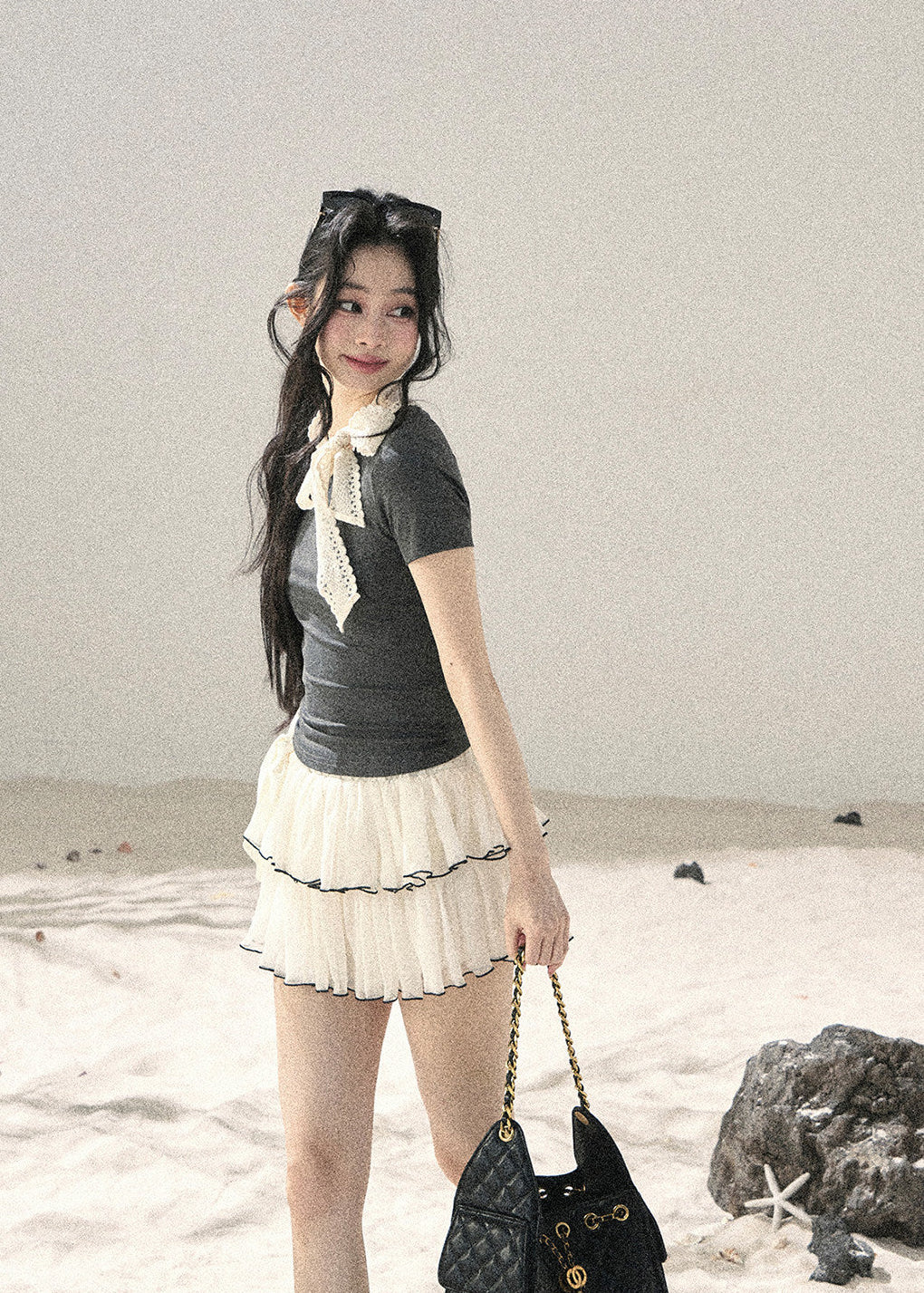 Gray Shadow Lace Bow Fitted T-Shirt - iotean