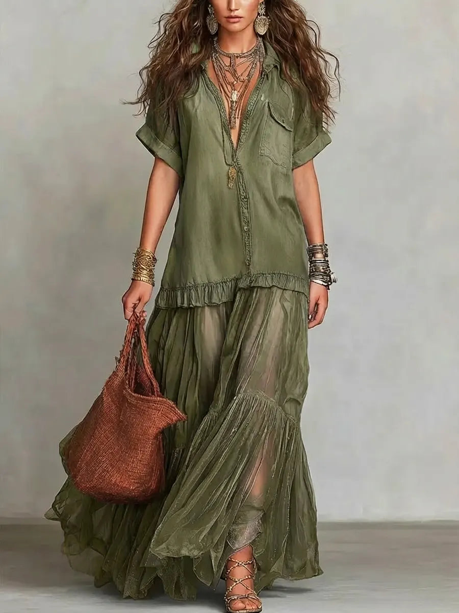 Women's Retro Lapel Denim Organza Patchwork Art Casual Maxi Dress - iotean