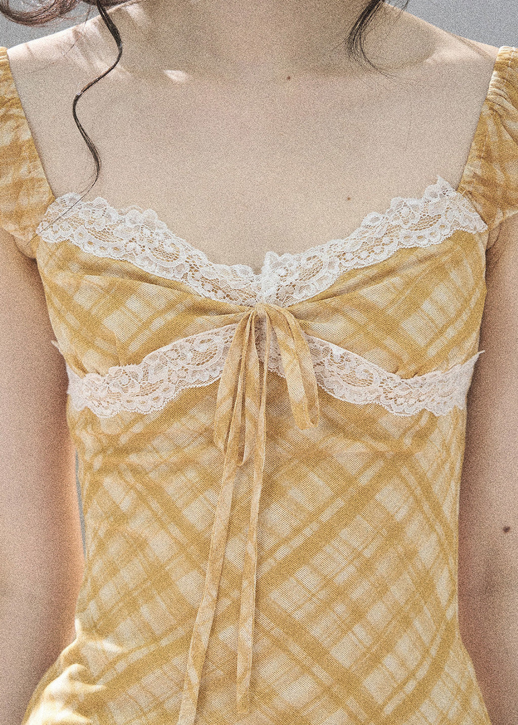 Golden Wheat Lace-Trim Mini Dress - iotean