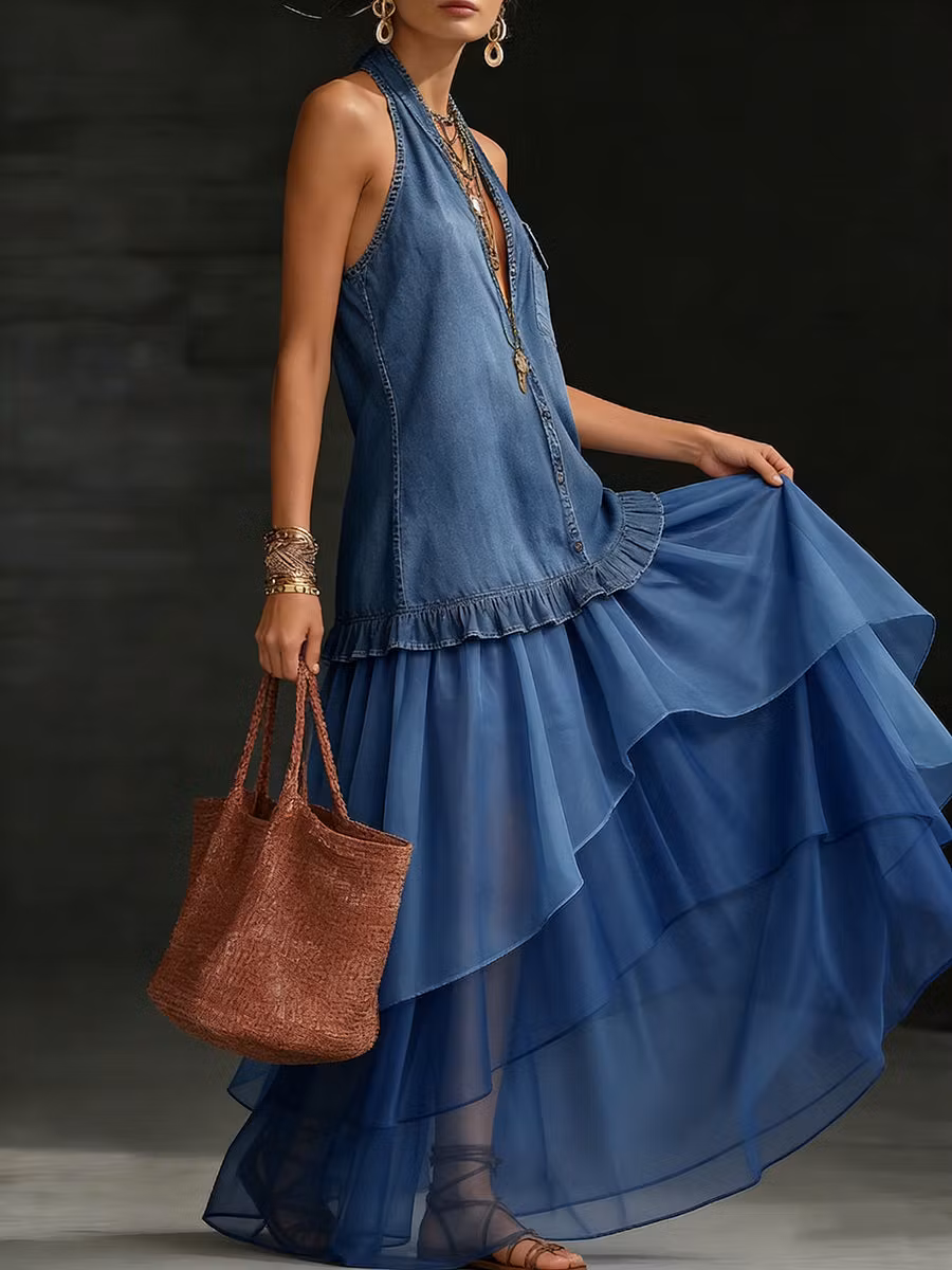 Boho Organza Hem Loose-fit Denim Maxi Dress - iotean