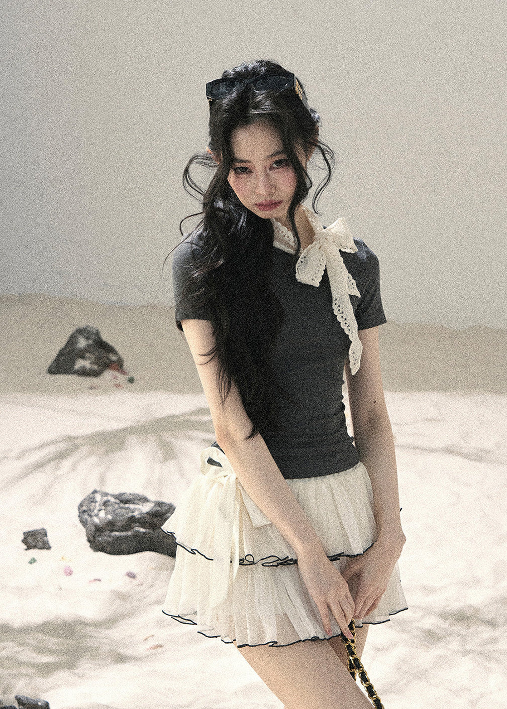Gray Shadow Lace Bow Fitted T-Shirt - iotean