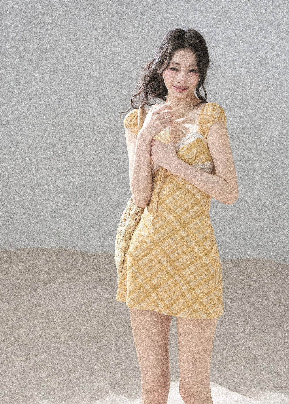 Golden Wheat Lace-Trim Mini Dress - iotean