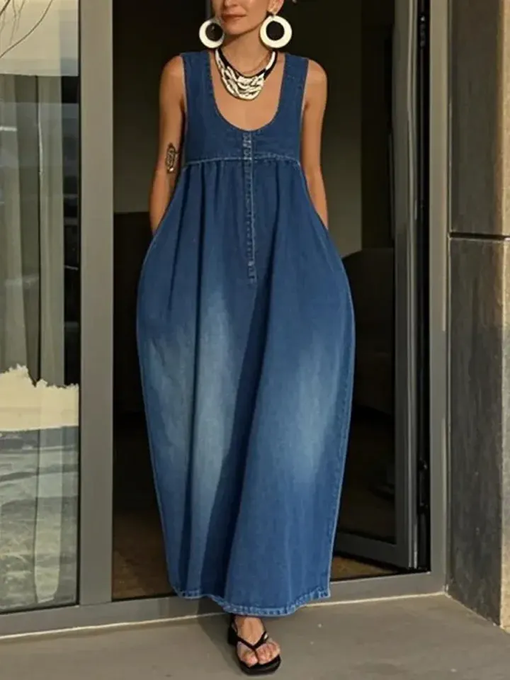Women's Sleeveless Casual Loose Denim Vest Dress - iotean