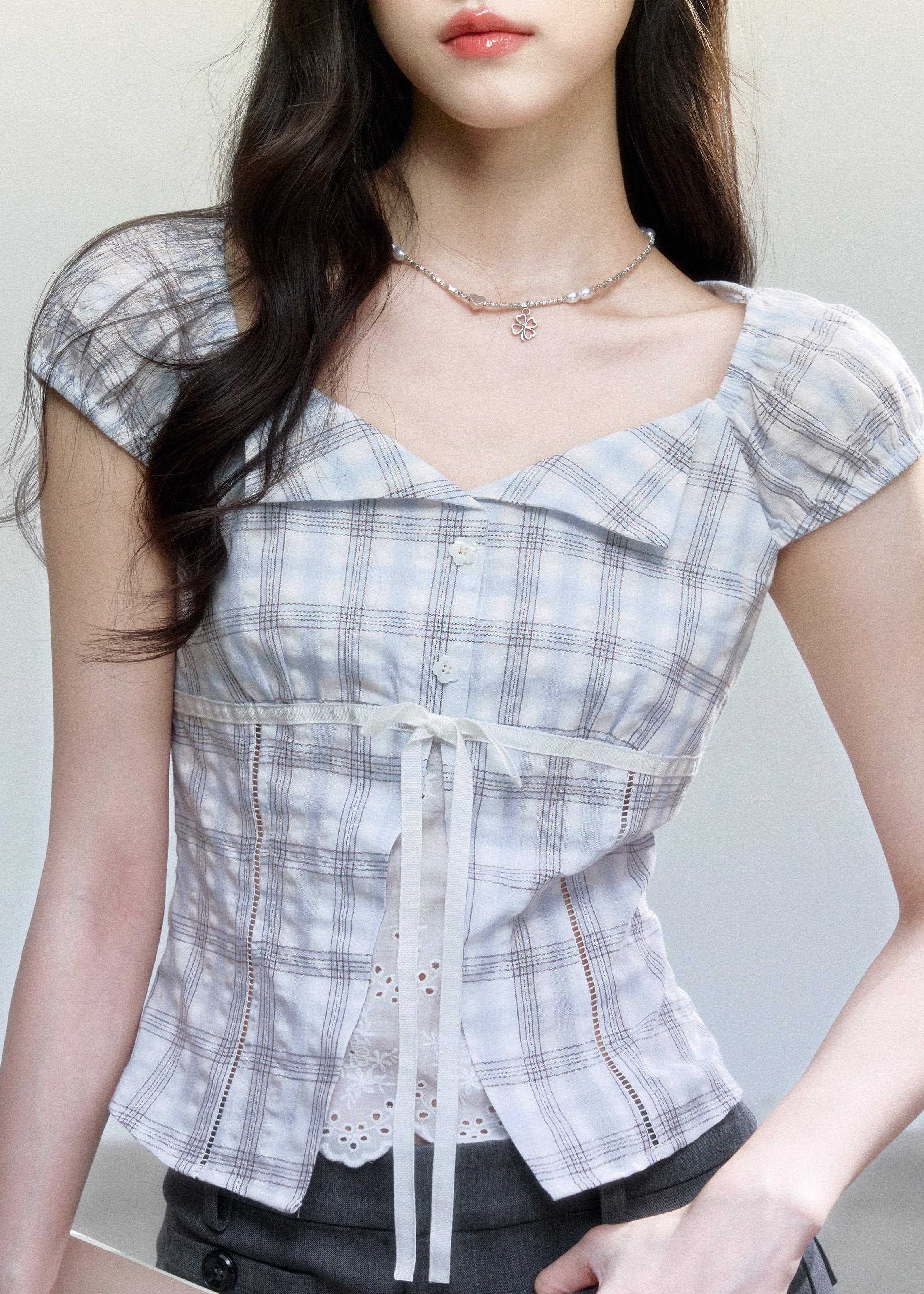 Clear Sky Plaid Lace Top - iotean