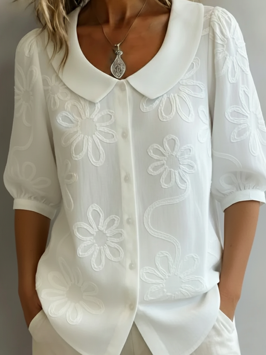 Vintage Peter Pan Collar Embroidered Floral Shirt - iotean
