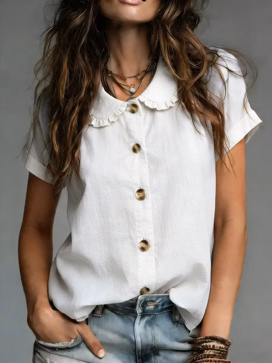 Cozy Minimalist Short-sleeve Peter Pan Collar 100% Cotton T-shirt - iotean