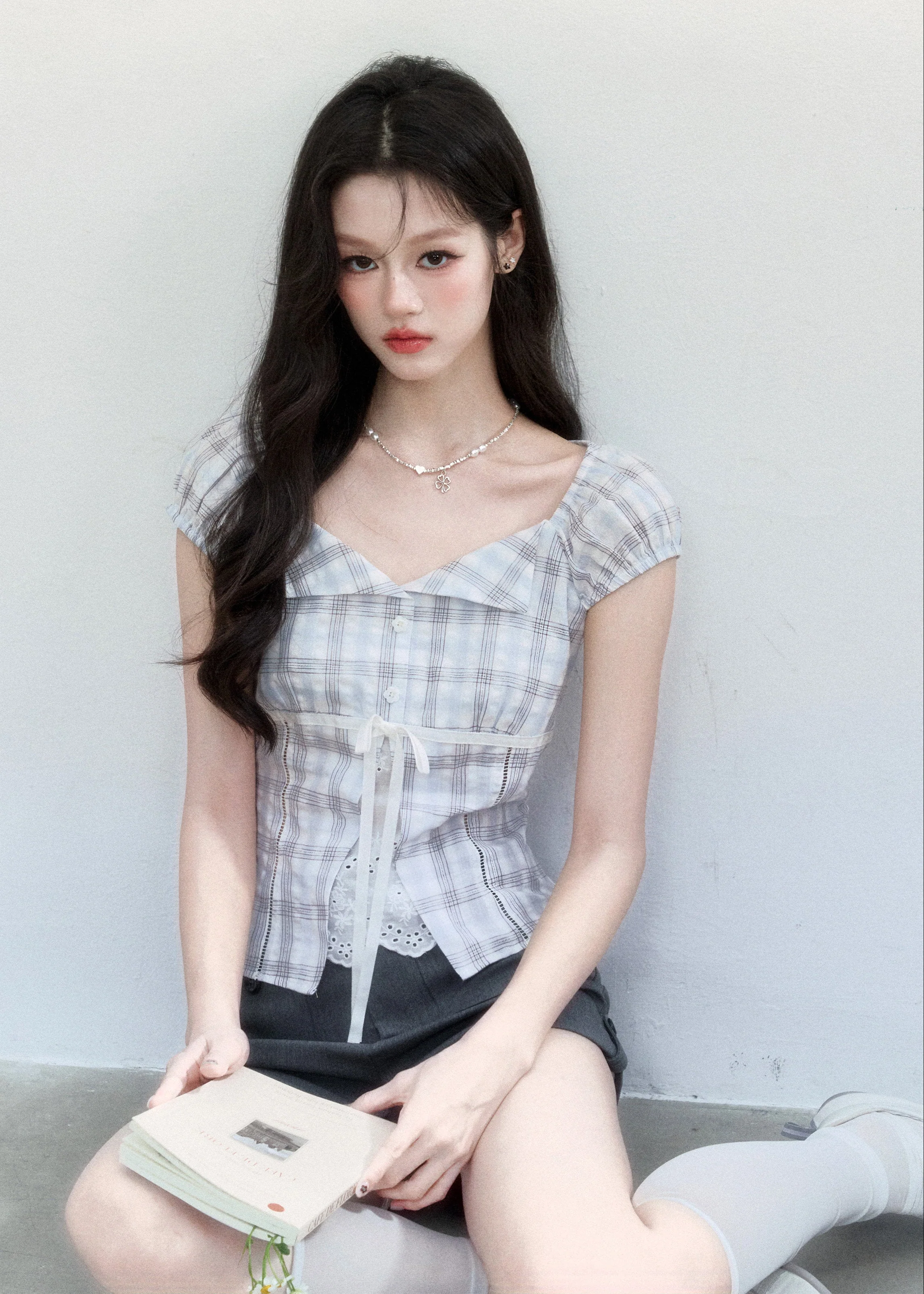Clear Sky Plaid Lace Top - iotean