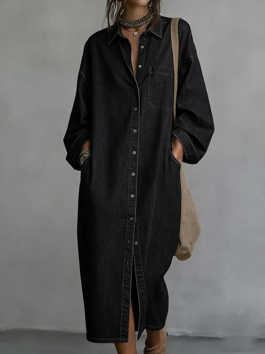 Women's Casual Comfortable Loose Denim Shirt Dress - iotean