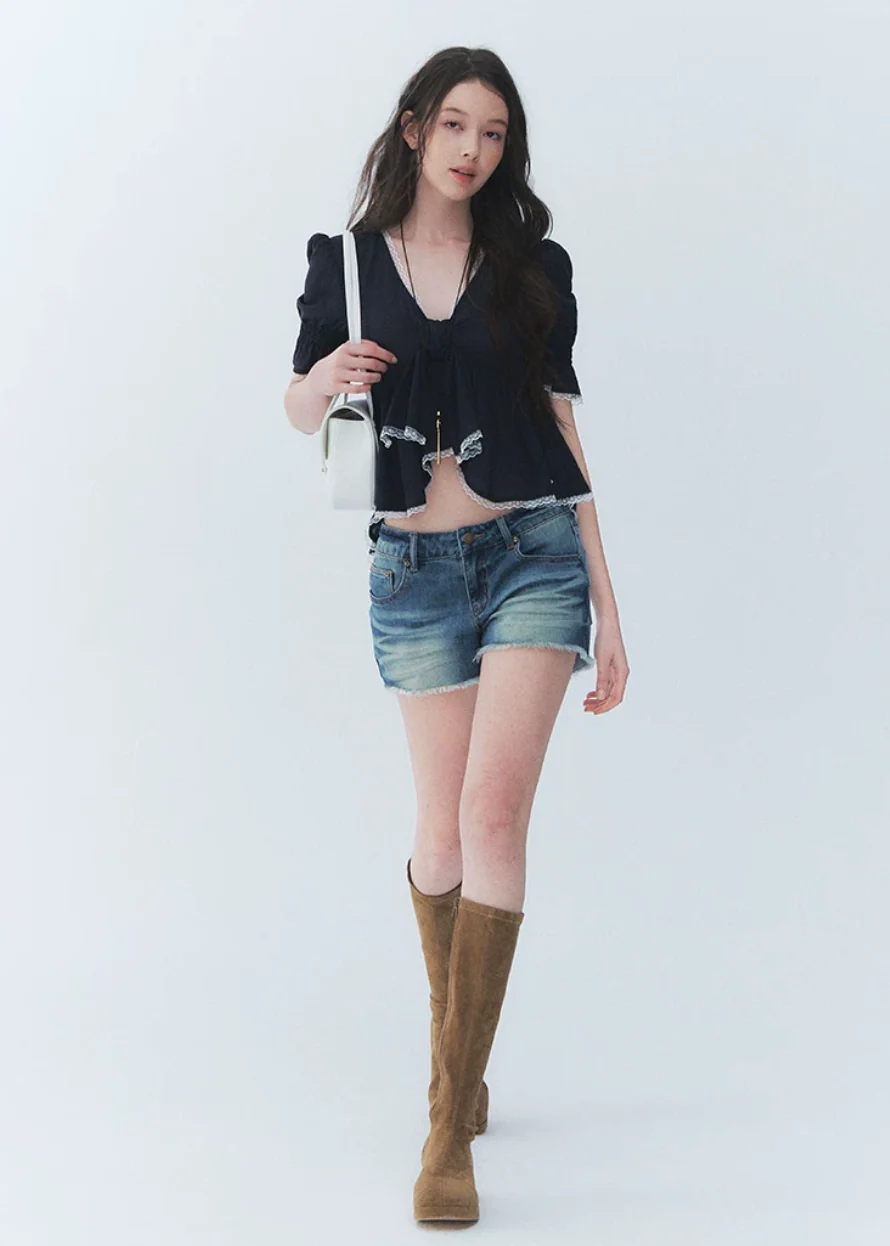 Butterfly Tie Puff Sleeve Lace Top - iotean