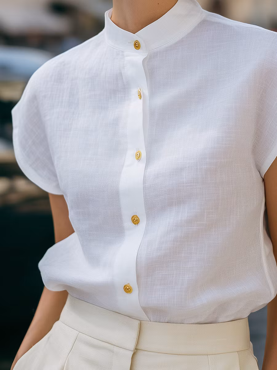 Mandarin Collar Button-Front Cap Sleeve Blouse - iotean