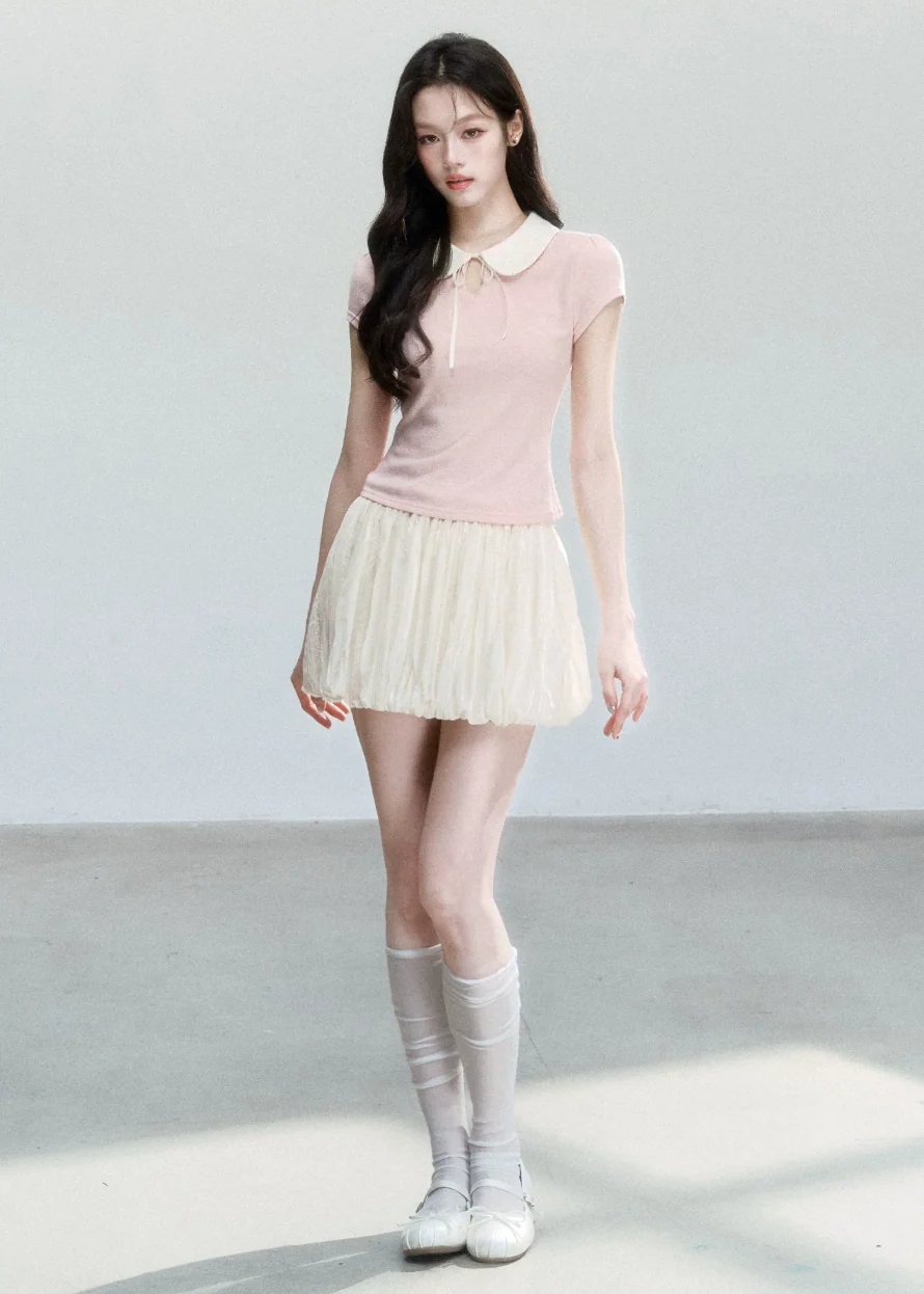 Doll Collar Slim Knit T-Shirt - iotean