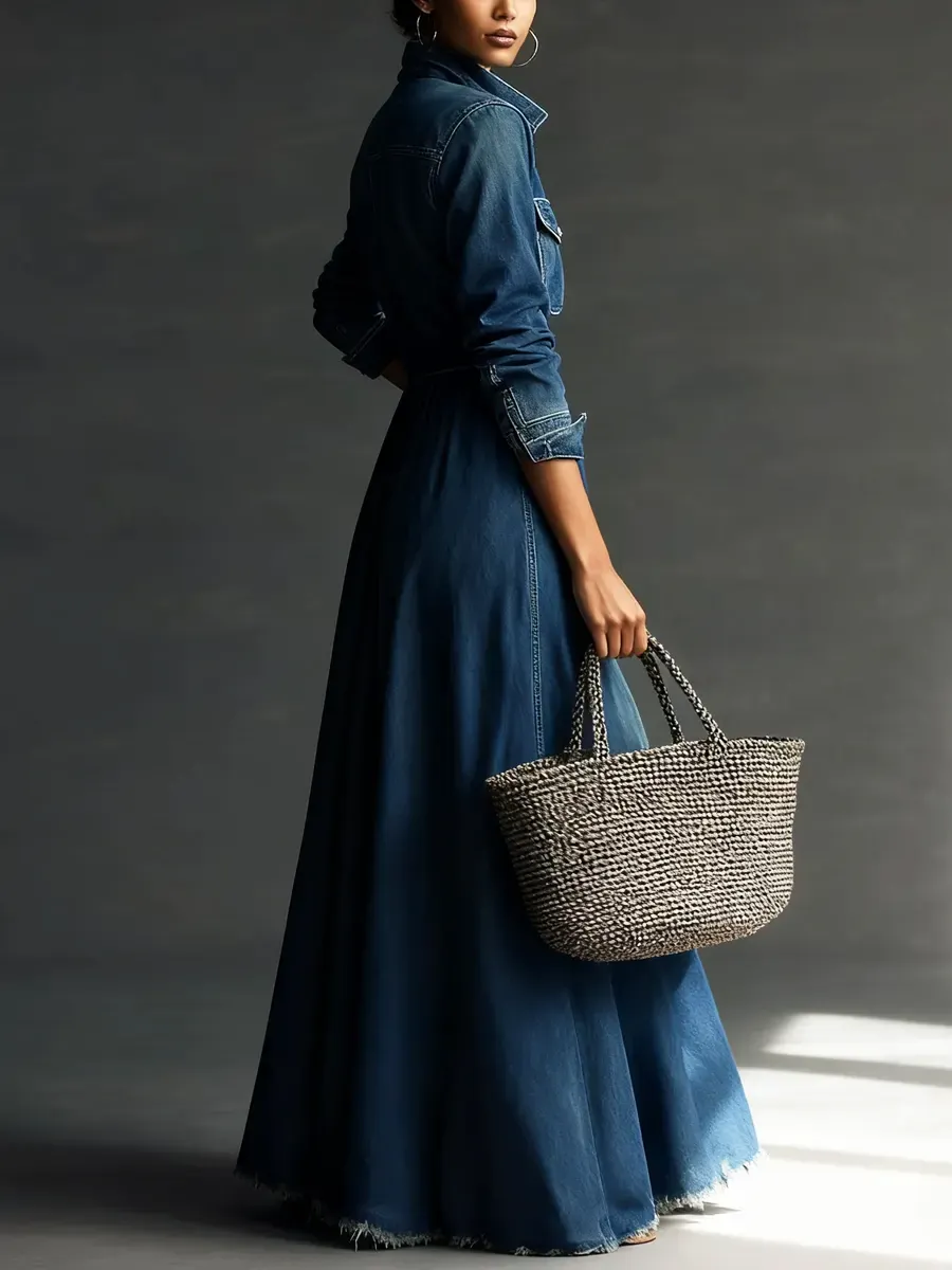Women Stylish Art Stand Collar Washed Denim Midi Dress - iotean