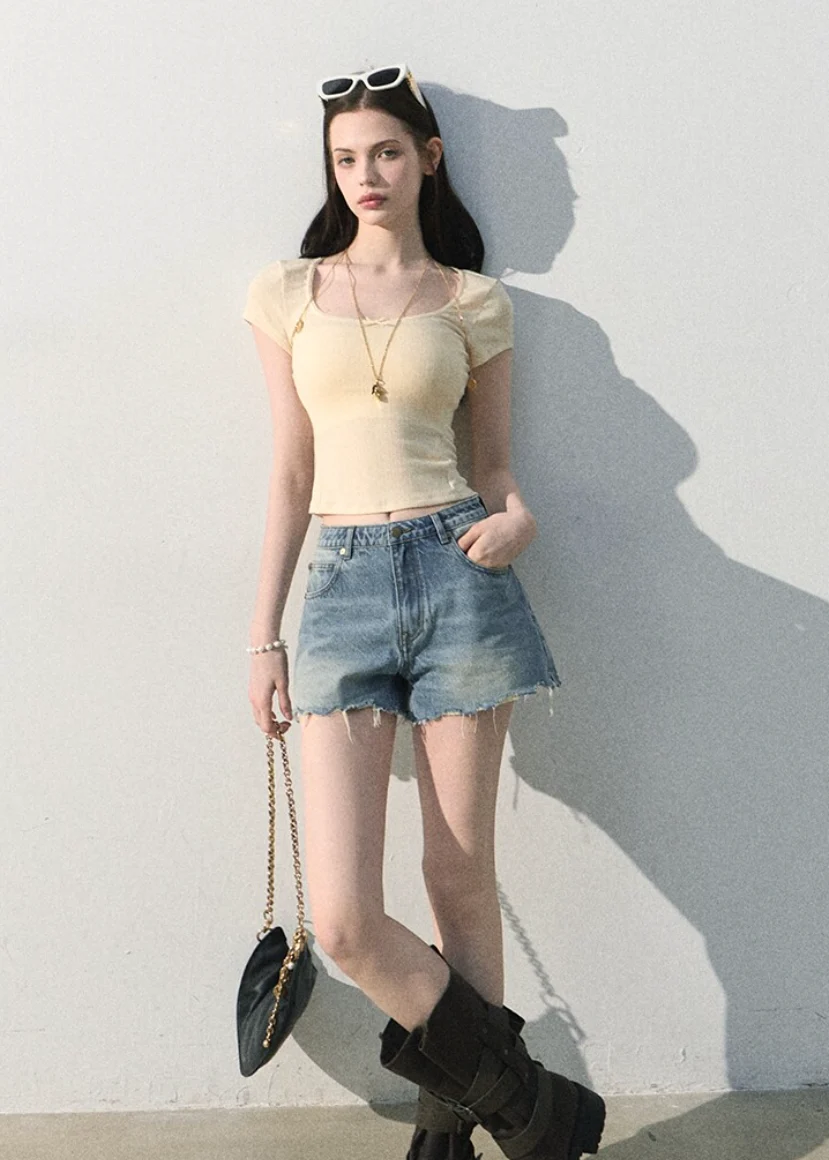 Iced Mint Lace-Trim U-Neck Top - iotean