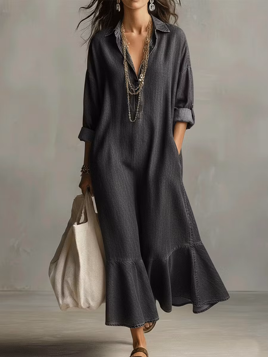 Romantic Ruffled Hem Denim Dress - iotean