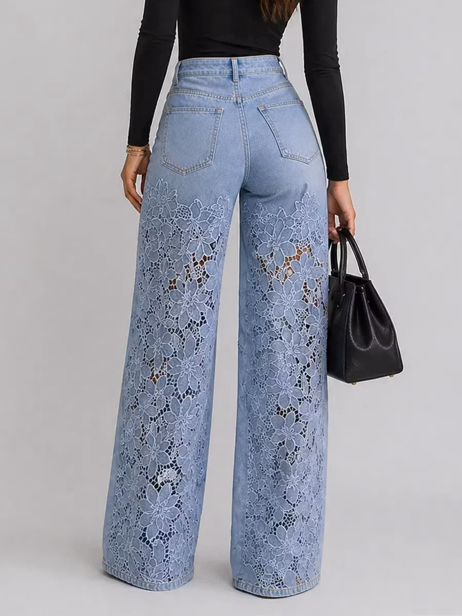 Lace Cut-out Wide-leg Denim Jeans - iotean