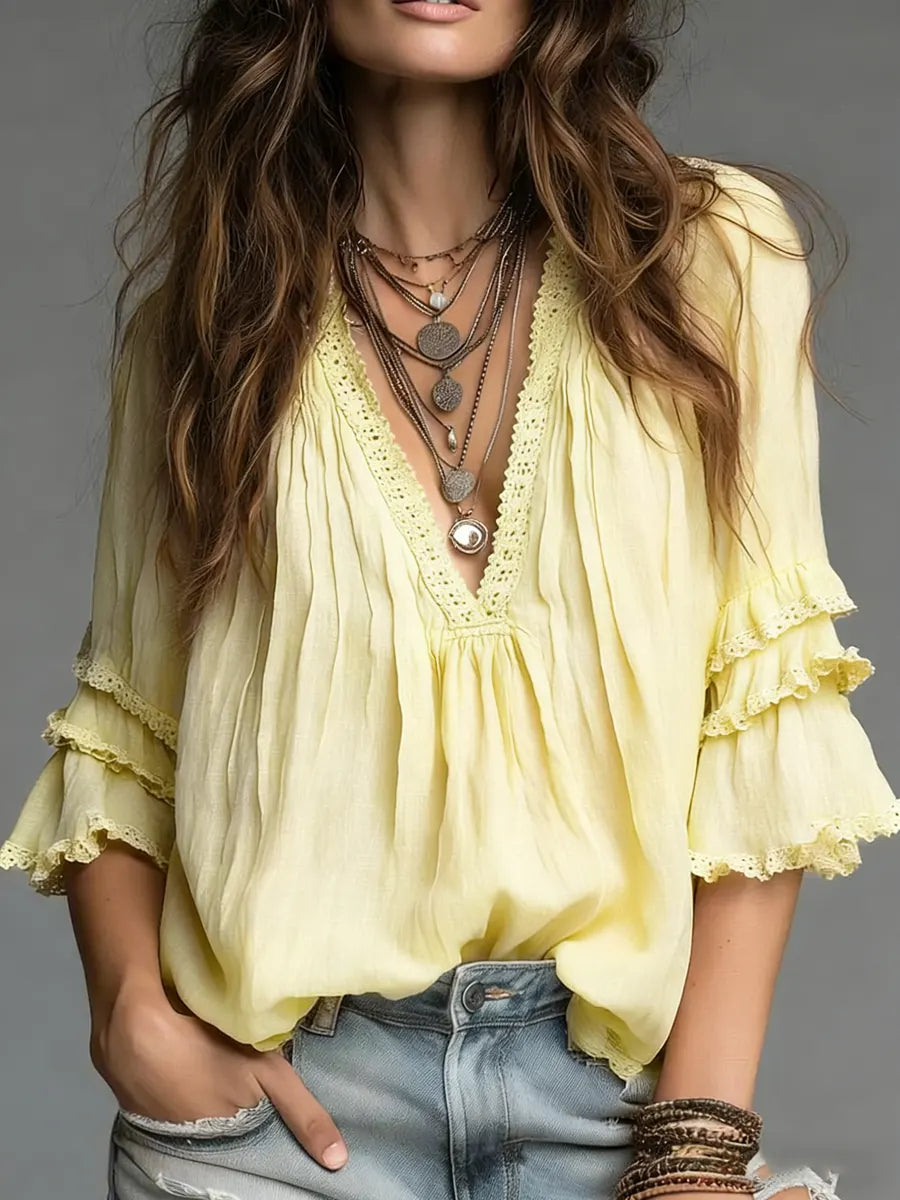 Women's V-neck Cotton And Linen Shirt - iotean
