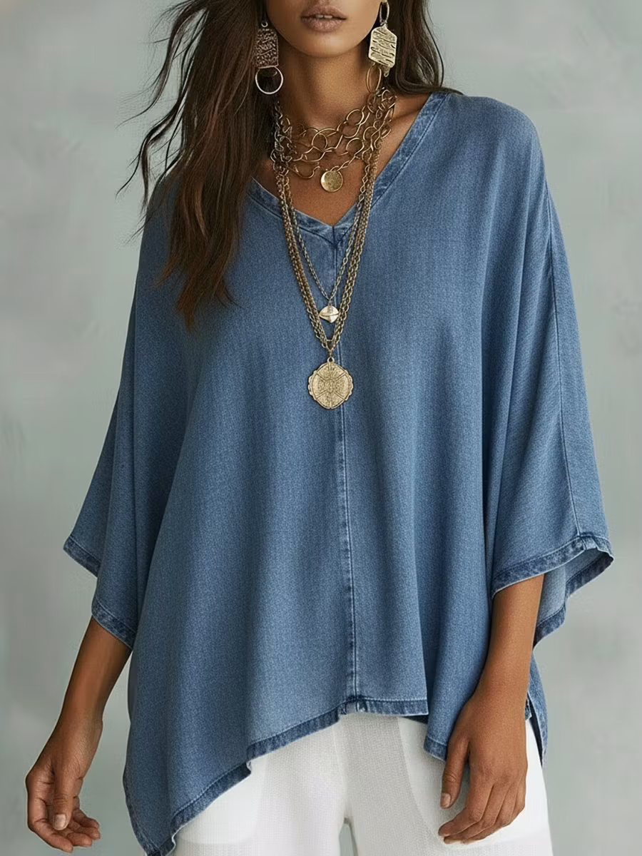 Cozy V-neck Loose-fitting Denim Shirt Top - iotean