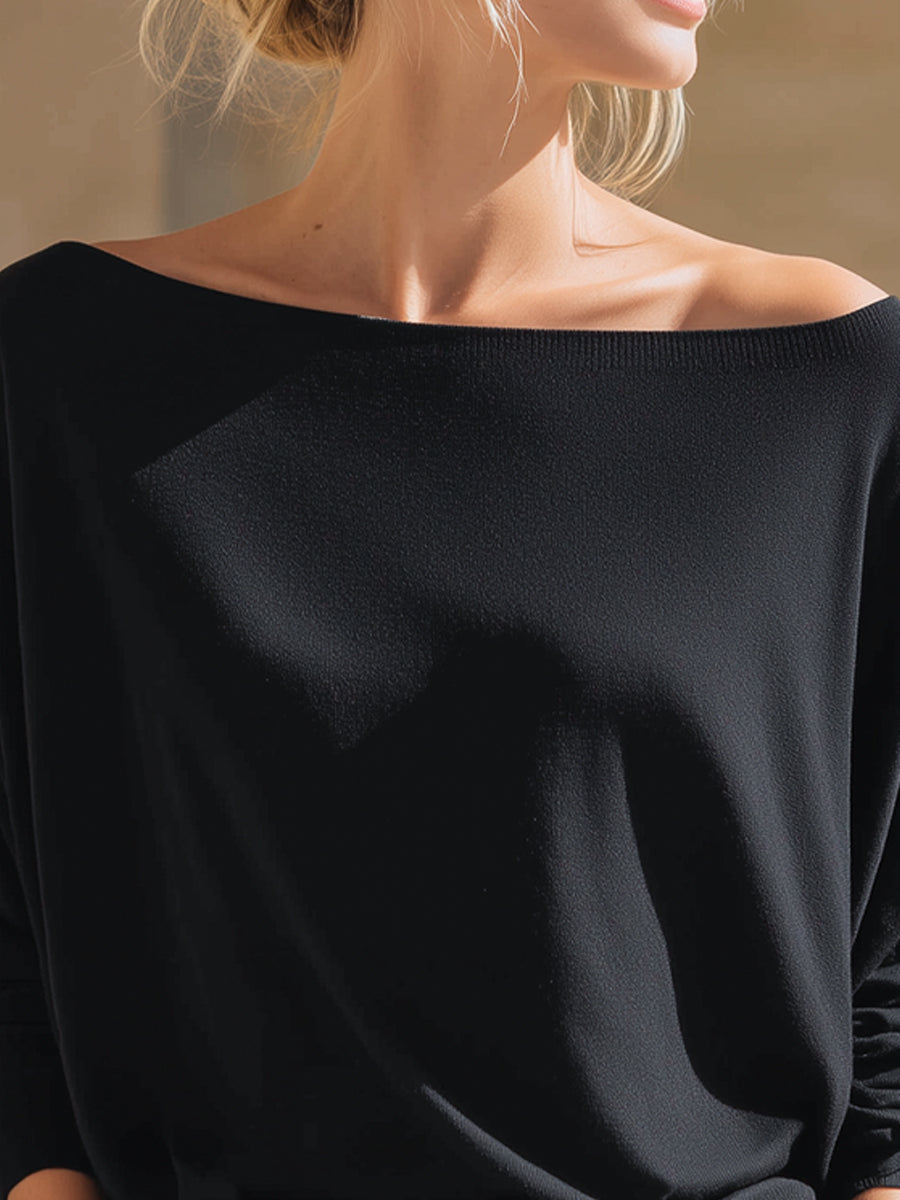 Relaxed Off-Shoulder Batwing Sleeve Knit Top - iotean