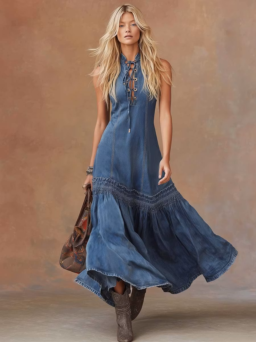 Elegant, Vintage Western Tie-neck Sleeveless Bubble Hem Blue Denim Maxi Dress - iotean