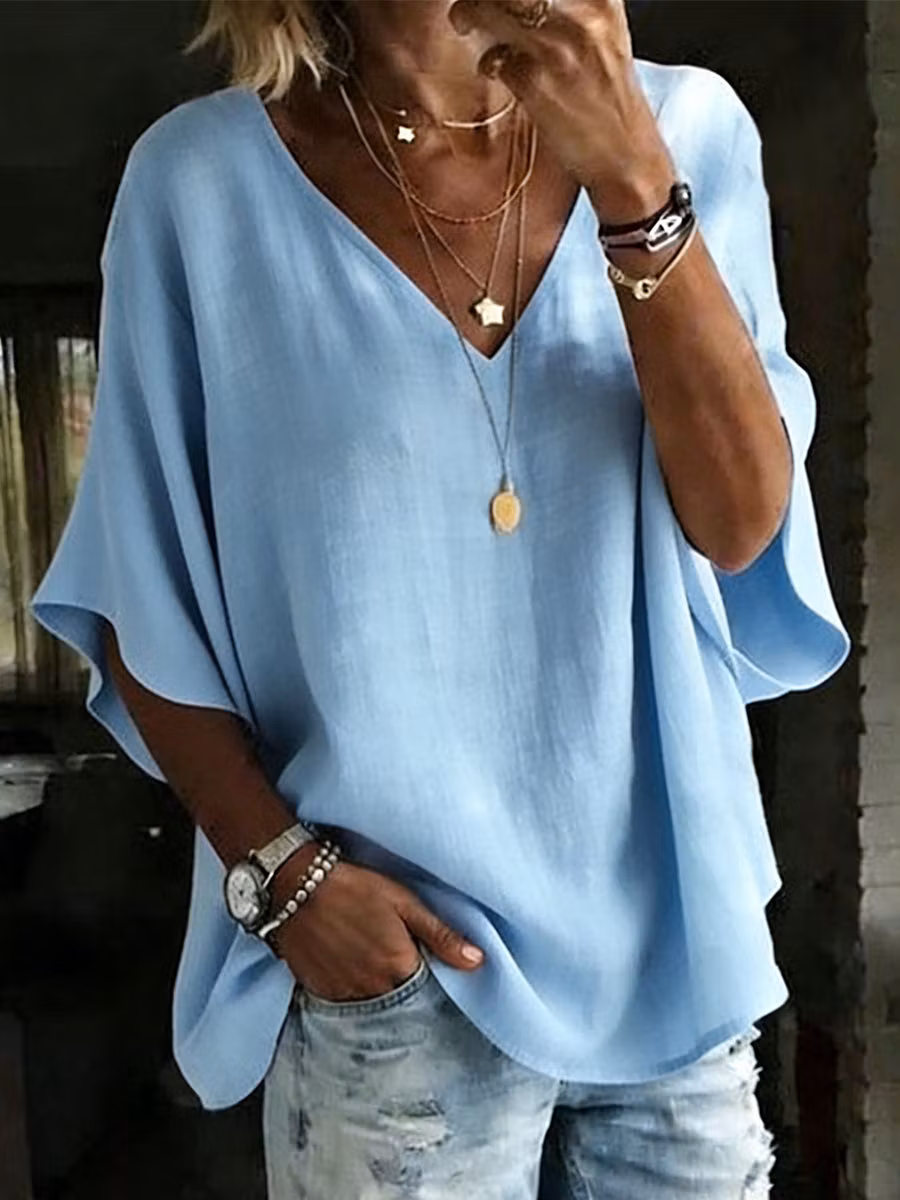 Women's 100% Cotton Classic Loose Fit V Neck Dolman Sleeve T-shirt - iotean