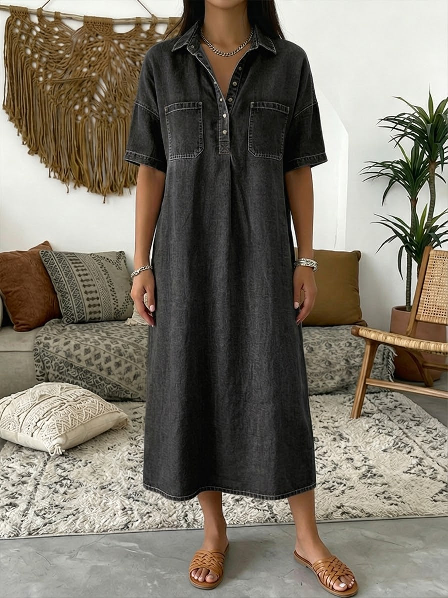 Casual Short-sleeved Collar Denim Dress - iotean