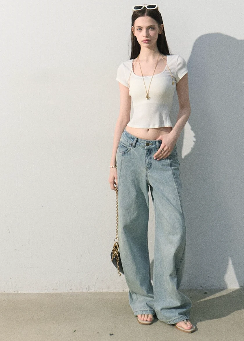 Iced Mint Lace-Trim U-Neck Top - iotean