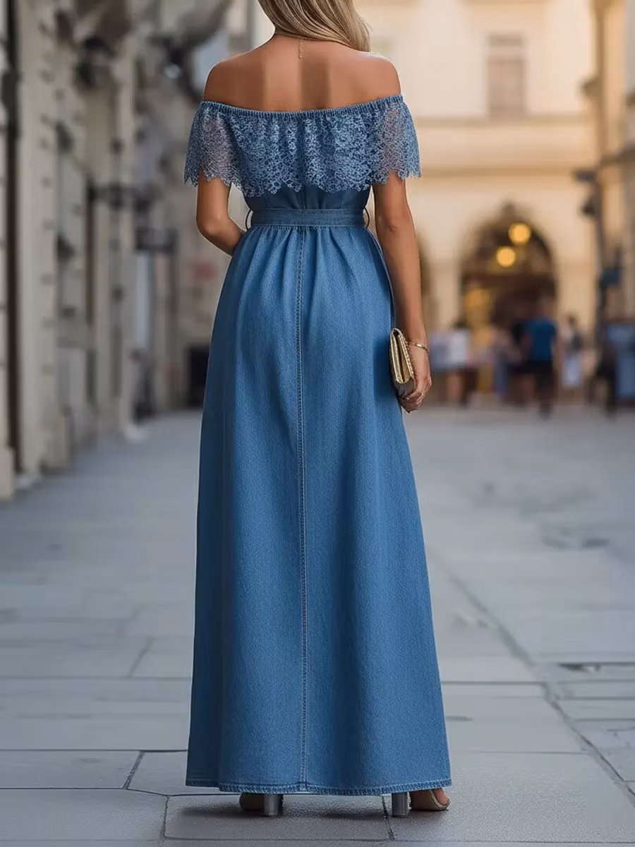 Women's Lace Patchwork Denim Long Dress - iotean