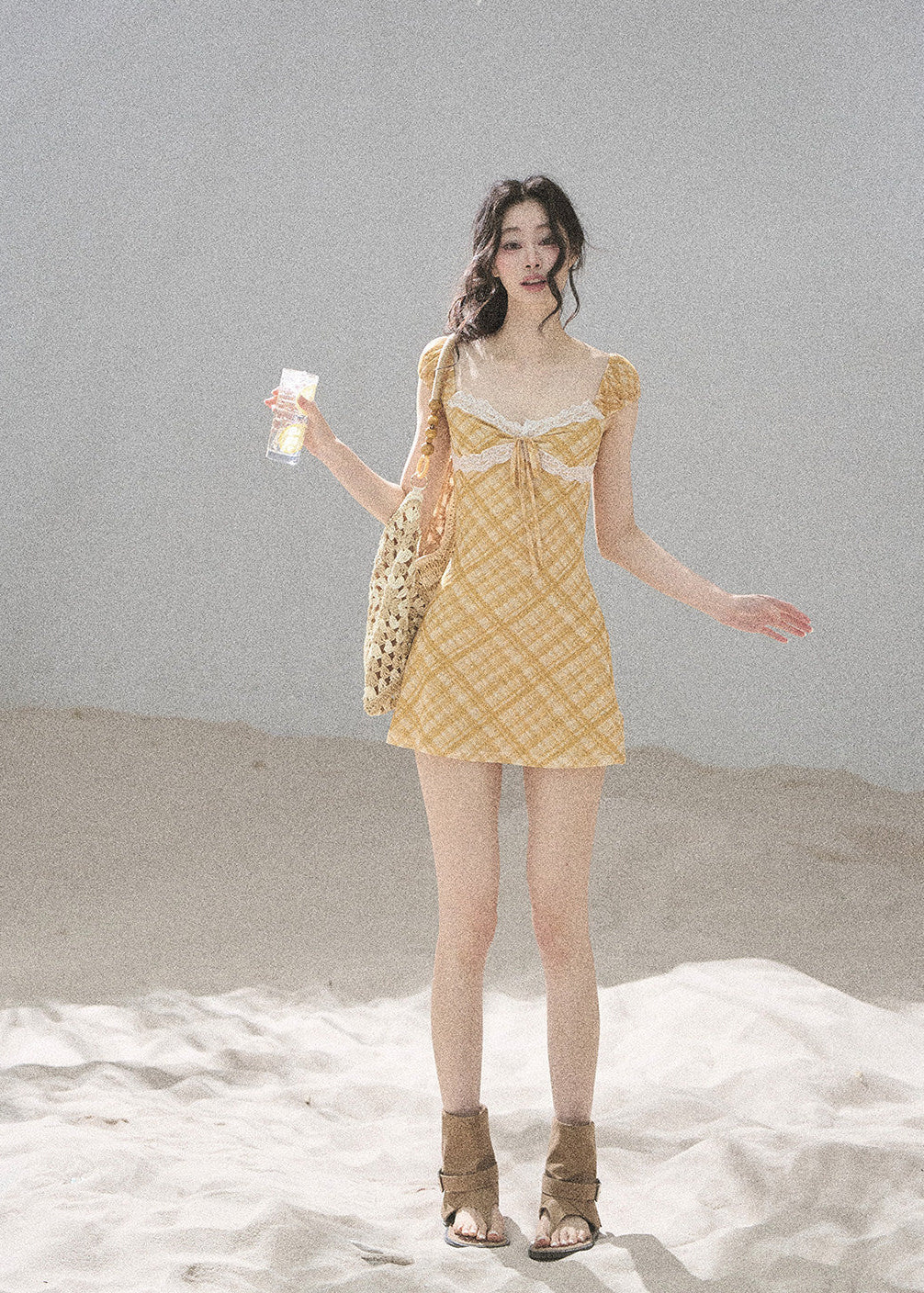 Golden Wheat Lace-Trim Mini Dress - iotean