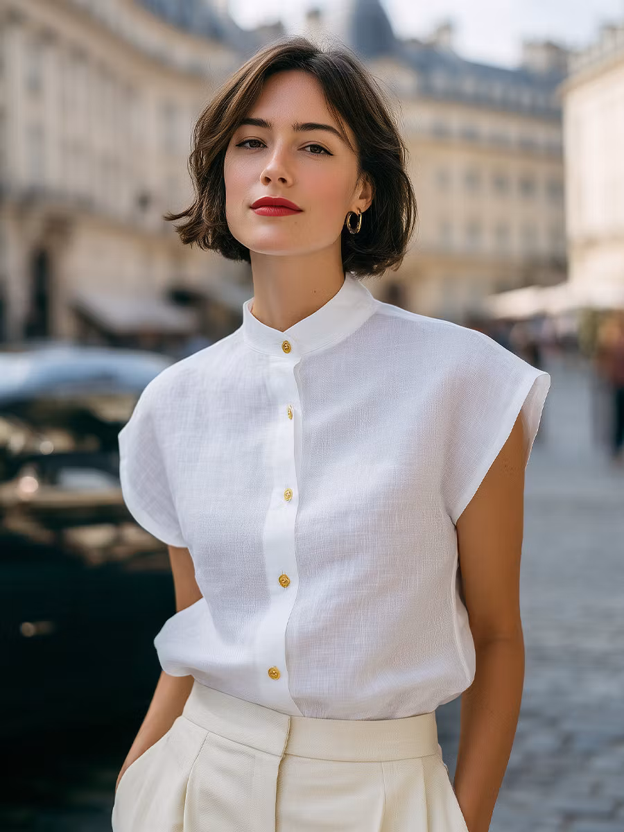 Mandarin Collar Button-Front Cap Sleeve Blouse - iotean