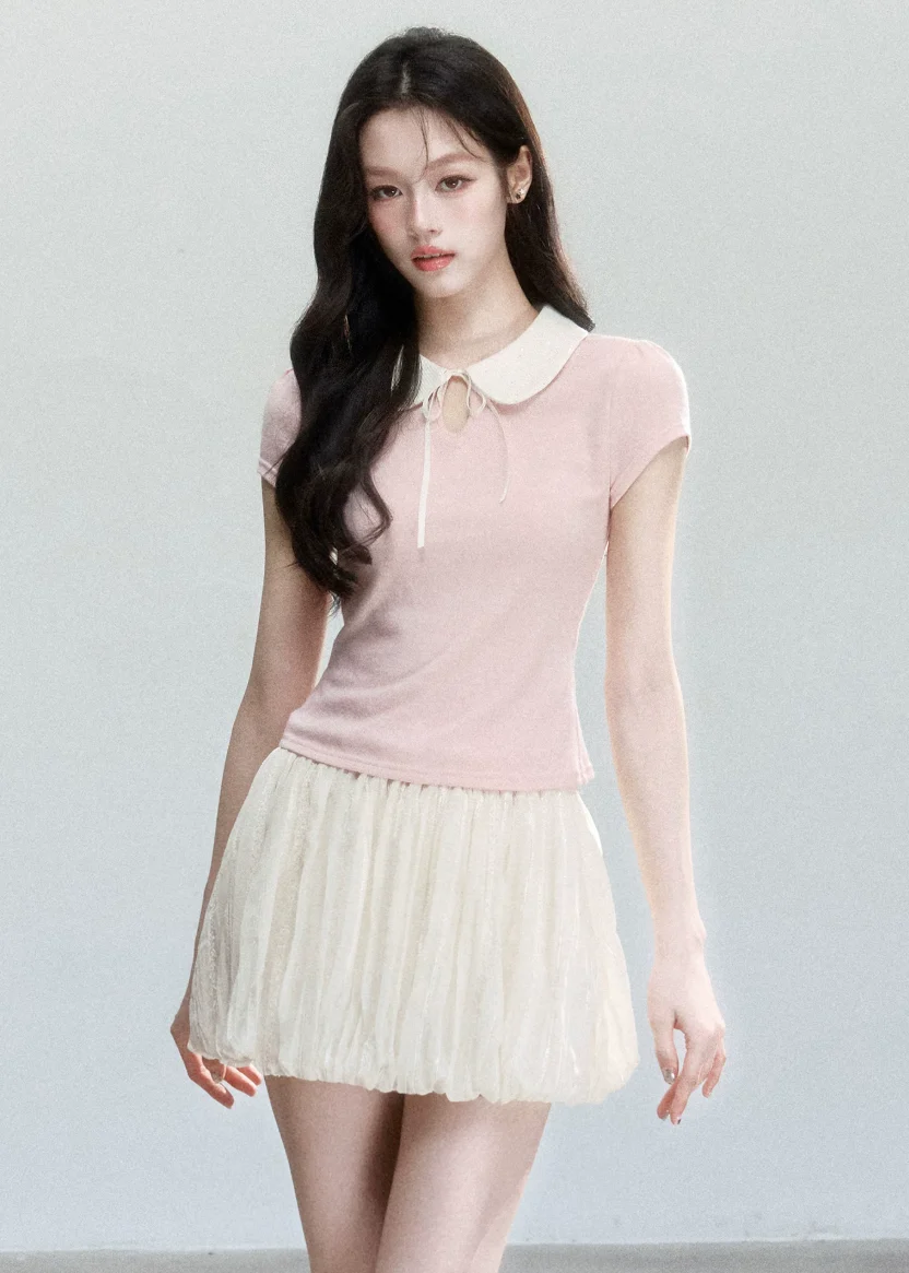 Doll Collar Slim Knit T-Shirt - iotean