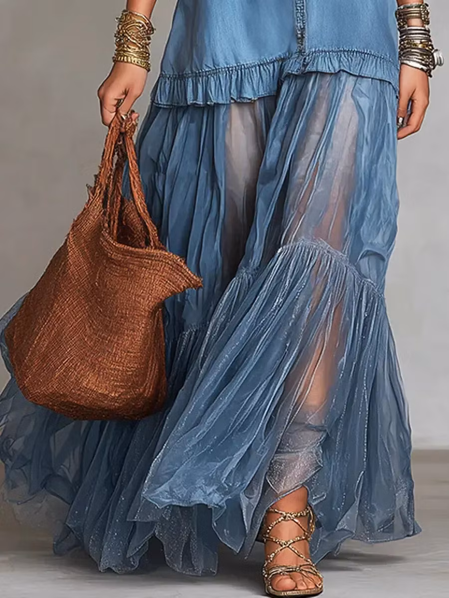 Women's Retro Lapel Denim Organza Patchwork Art Casual Maxi Dress - iotean