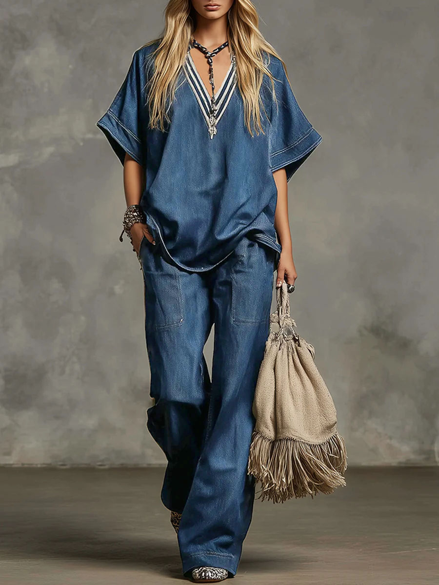 Women's V-neck Short-sleeved Casual Loose Top And High-waisted Casual Loose Wide-leg Denim Pants Set. - iotean