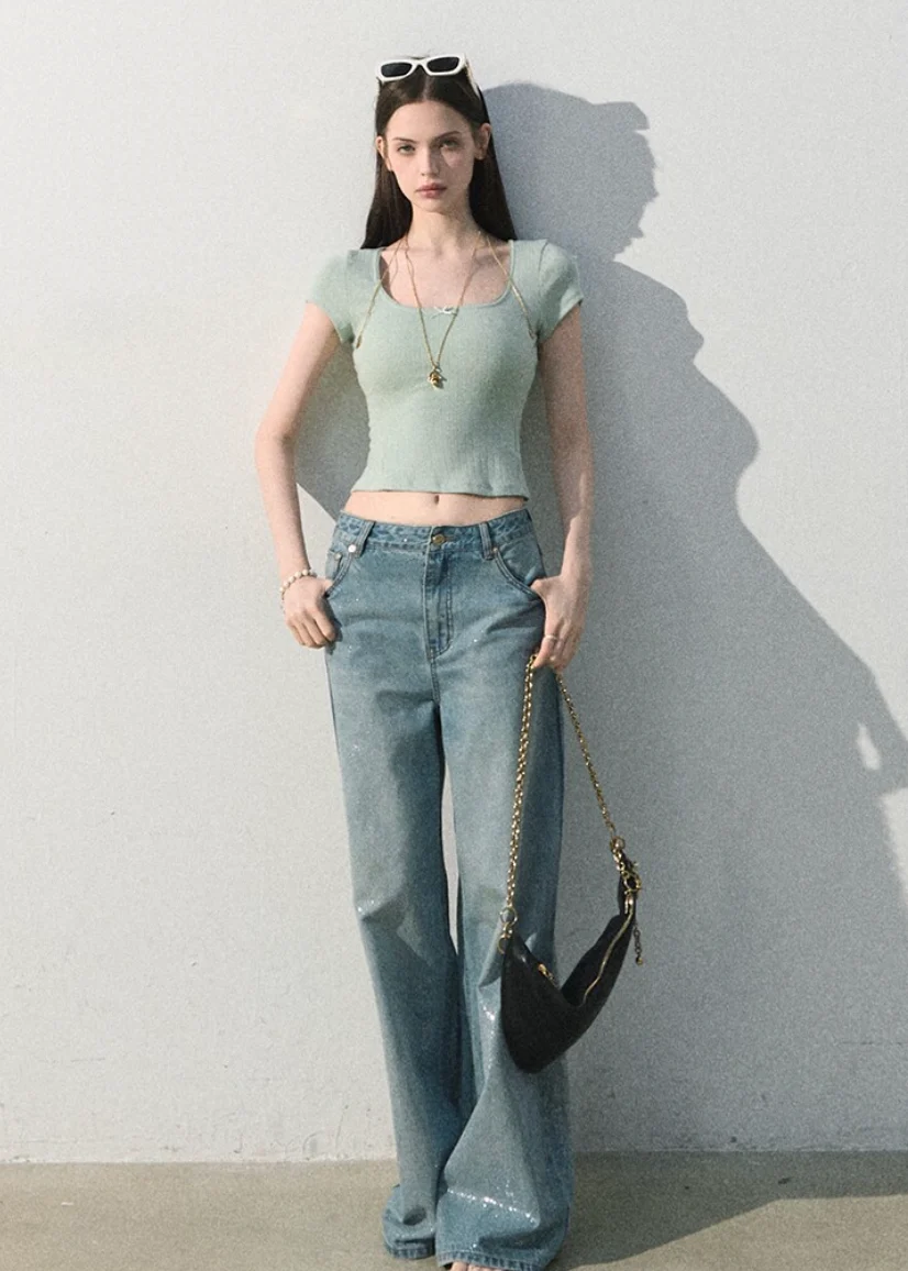 Iced Mint Lace-Trim U-Neck Top - iotean