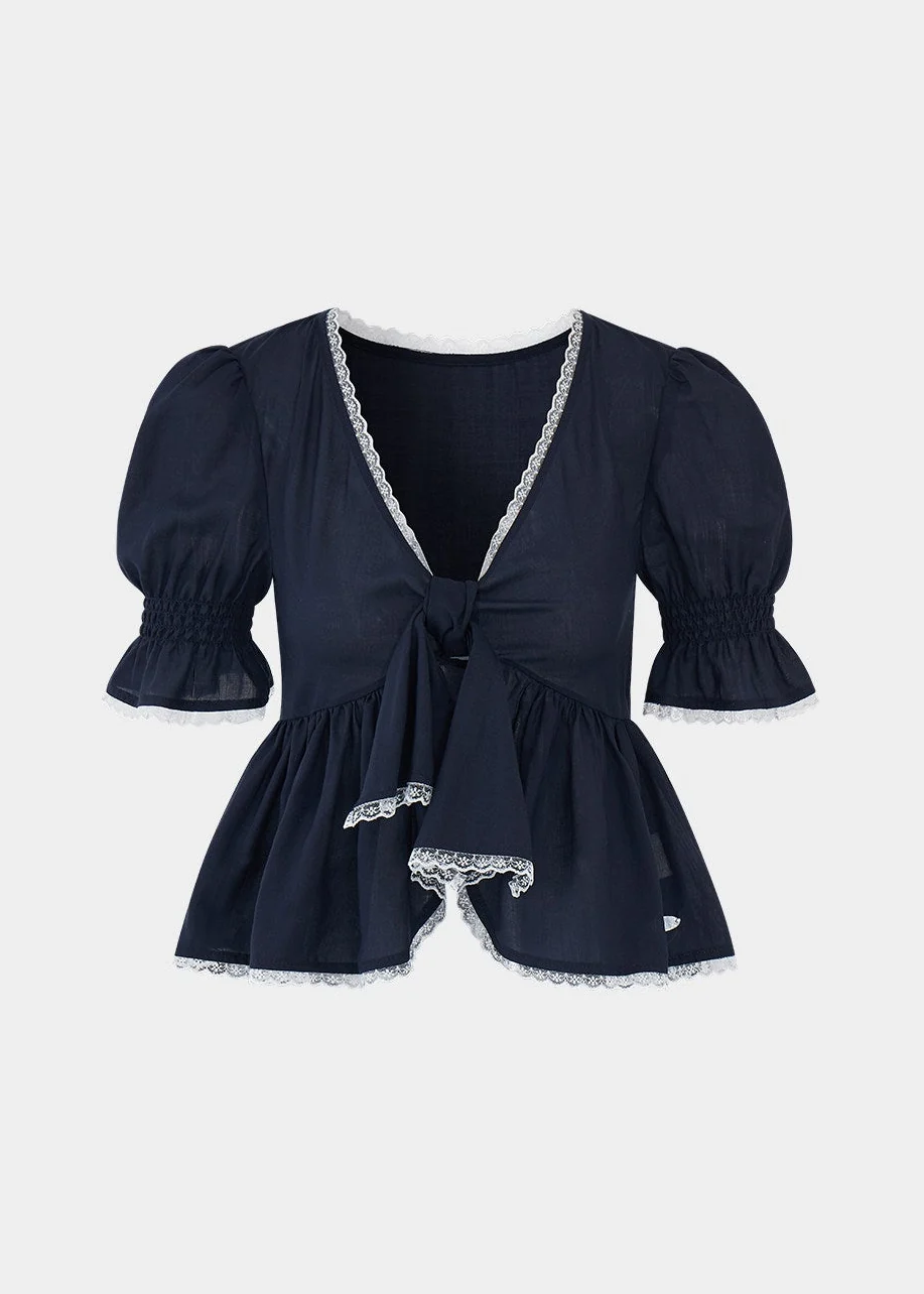 Butterfly Tie Puff Sleeve Lace Top - iotean