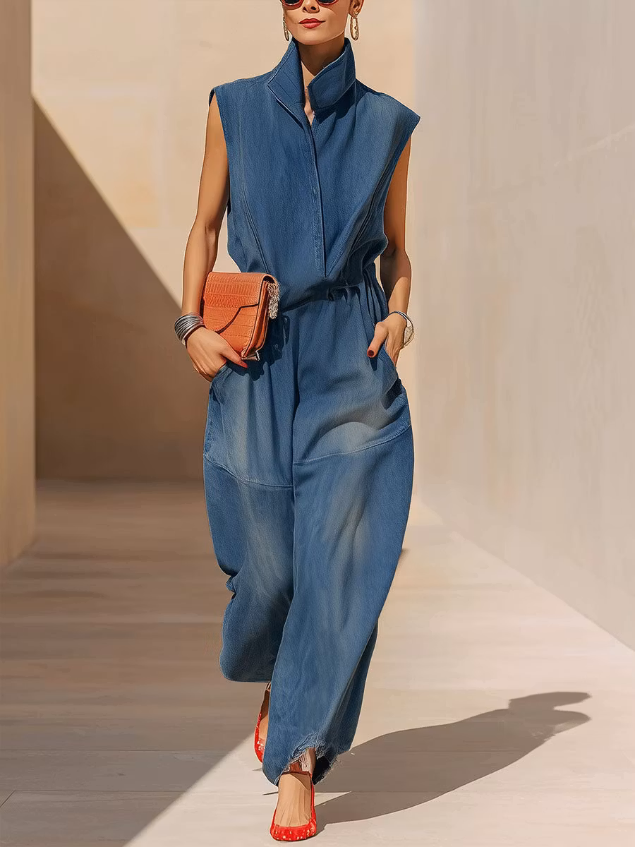 Women's Stand-up Collar Sleeveless Casual Loose Denim Jumpsuit - iotean