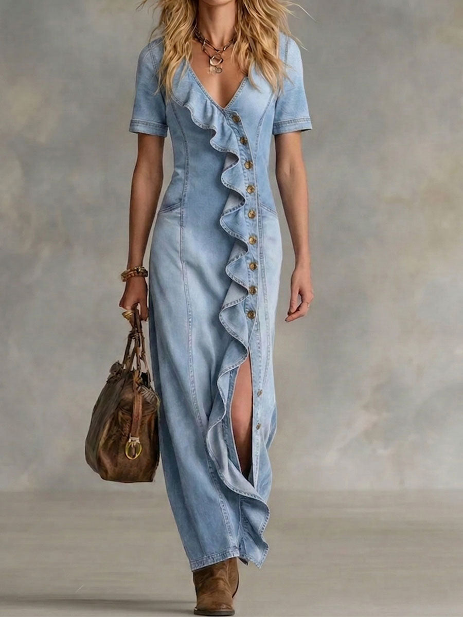 Women's V-neck Short-sleeve Ruffled Denim Dress - iotean