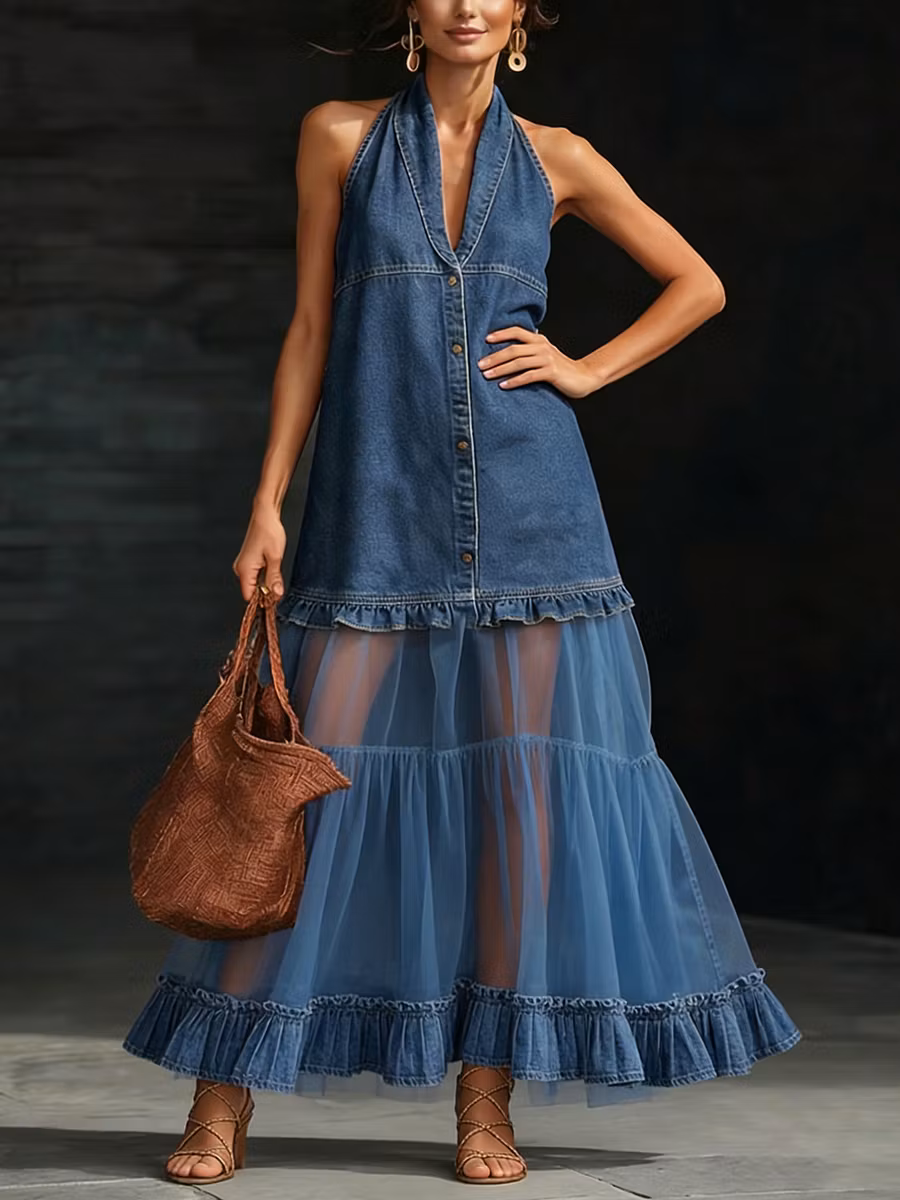 Stylish Elegant Organza-Paneled Denim Maxi Dress - iotean