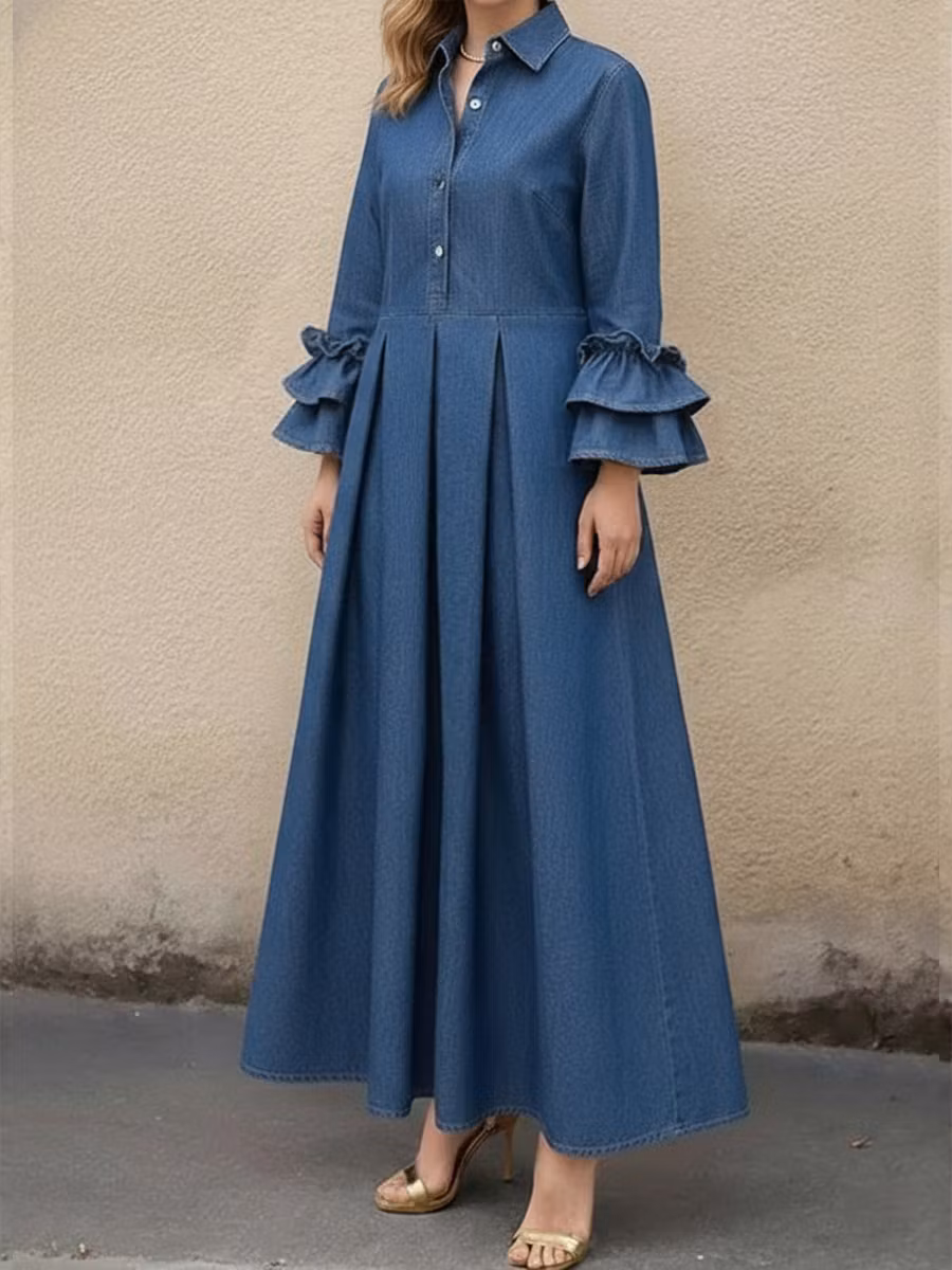 Women's Casual Denim Dress With Ruffled Sleeves - iotean