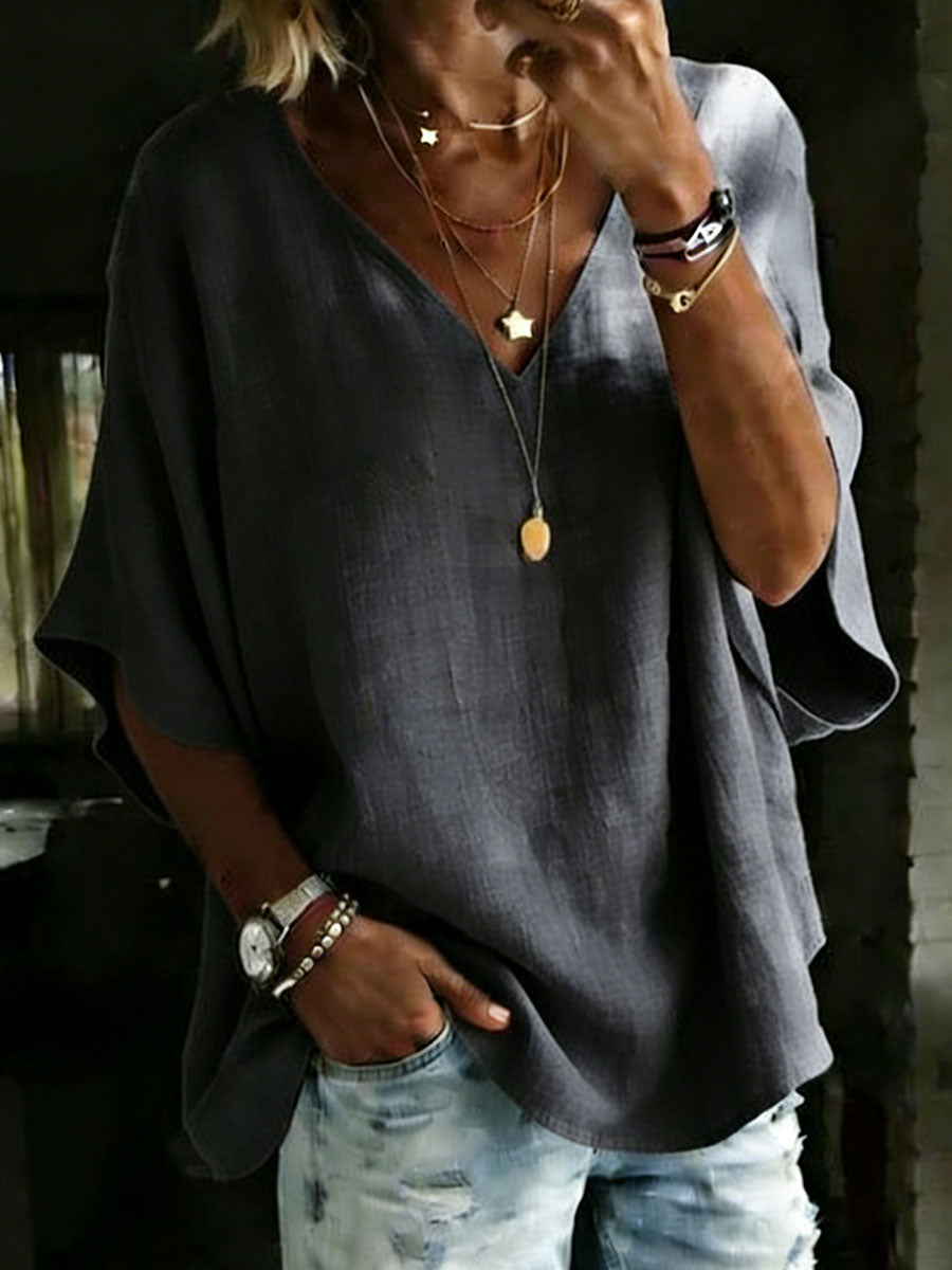 Women's 100% Cotton Classic Loose Fit V Neck Dolman Sleeve T-shirt - iotean