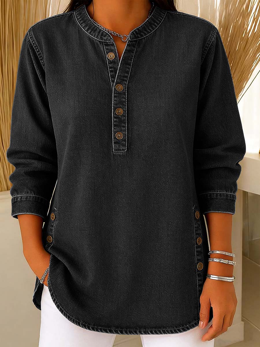 Women's V-neck Long-sleeved Casual Button-up Loose Denim Top - iotean