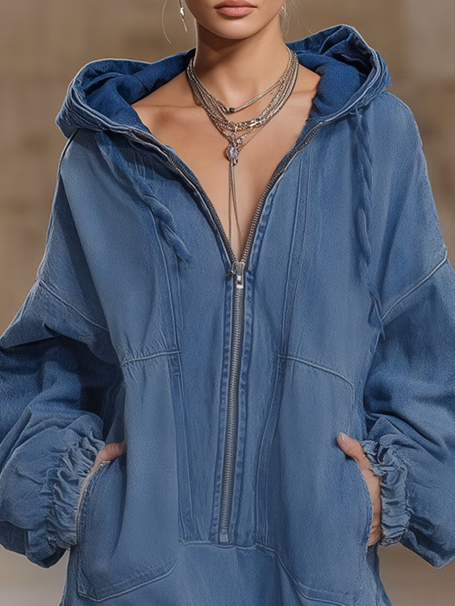 Double-pocket Ruffled Hooded Long-sleeved Denim Mini Dress - iotean