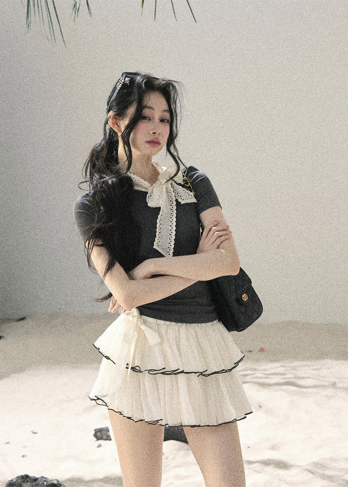 Gray Shadow Lace Bow Fitted T-Shirt - iotean