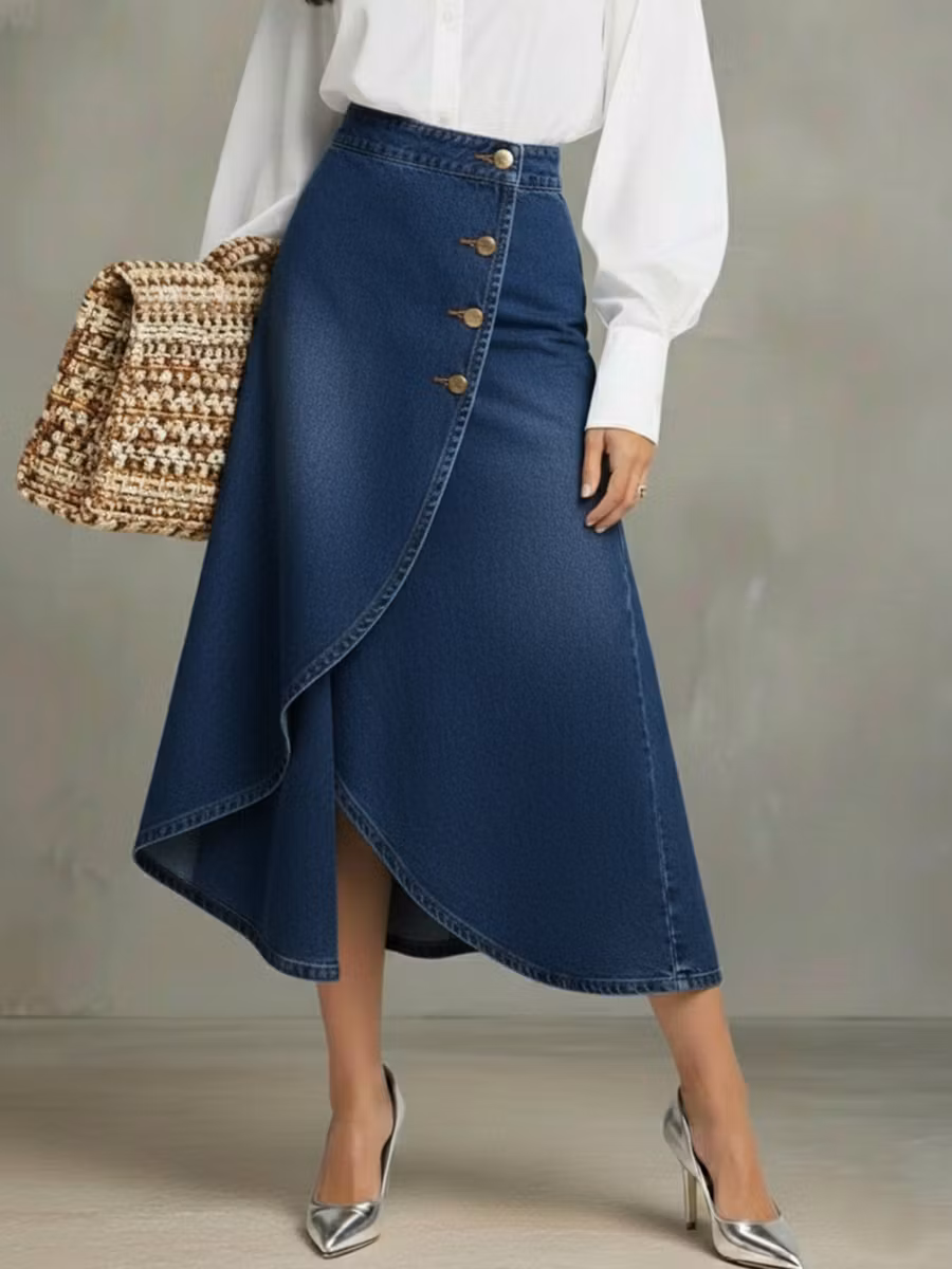 Elegant Wrap-around Irregular Hem Denim Skirt - iotean
