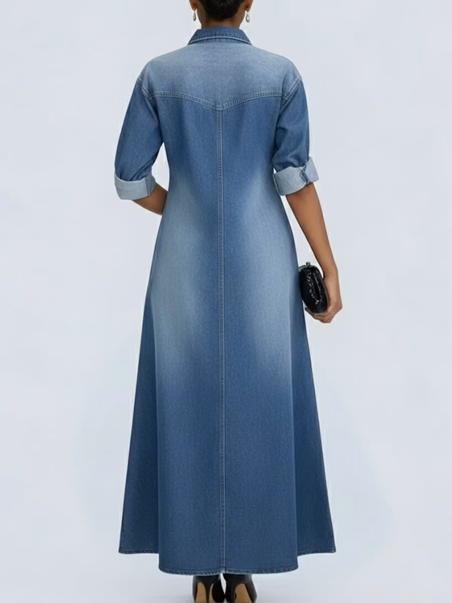 Women's Lapel Long-sleeved Casual Loose Denim Shirt Dress - iotean