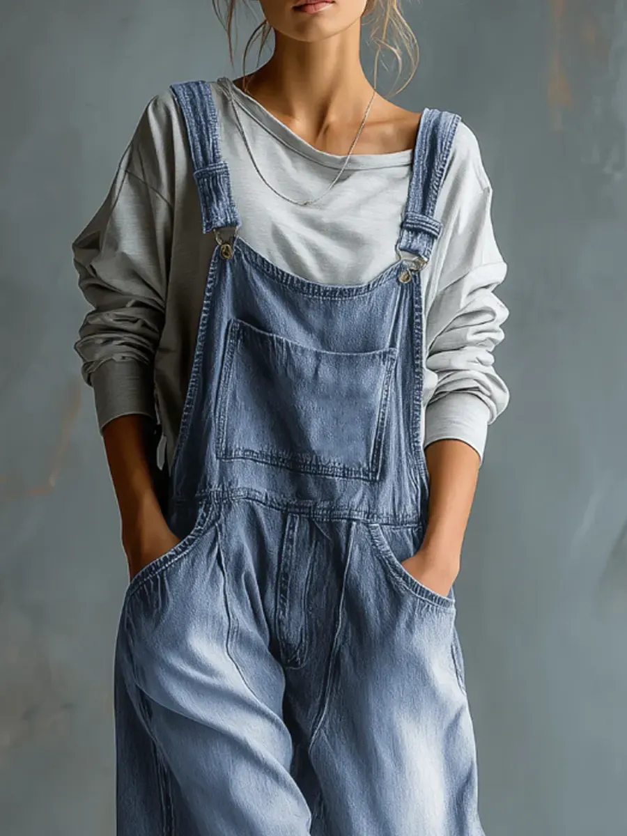 Women's Solid Color Art Casual Denim Jumpsuit - iotean