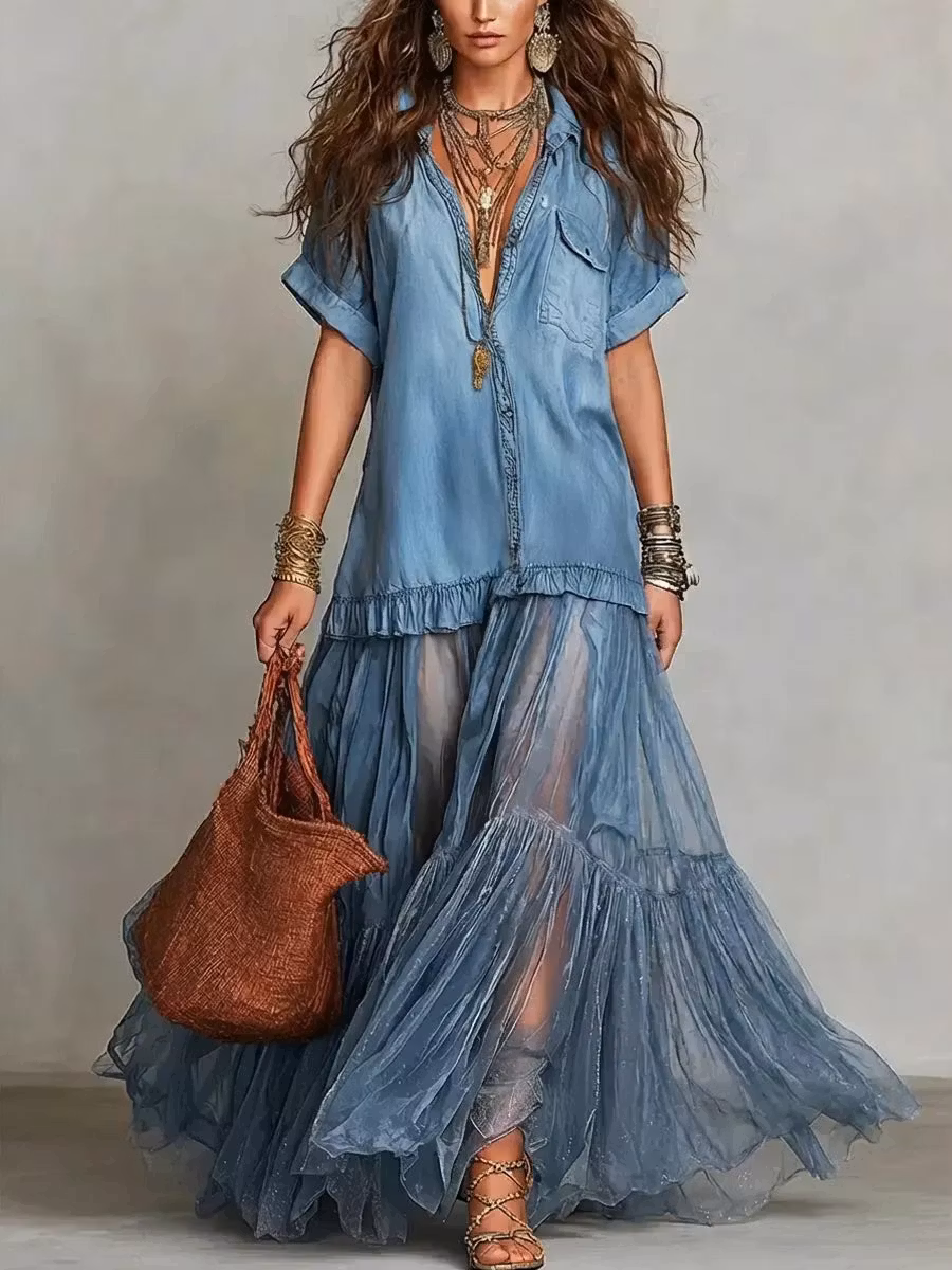 Women's Retro Lapel Denim Organza Patchwork Art Casual Maxi Dress - iotean